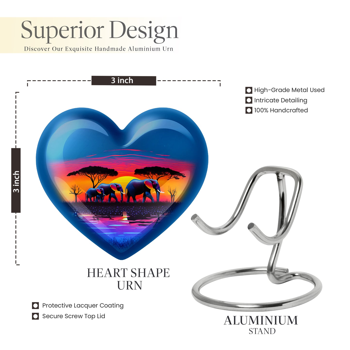 Celestial Blue Elephant Cremation Urn front view showing detailed design - heart-shaped elephant design symbolizing eternal love - mini keepsake memorial for portion of cremation ashes