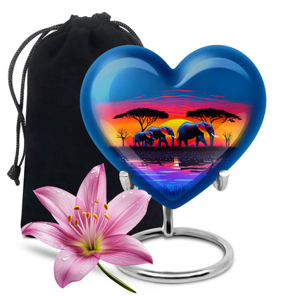 Pastel Blue Elephant Cremation Urn detail view - heart-shaped elephant design symbolizing eternal love - full-size 10 inch 200 cubic inch adult cremation urn