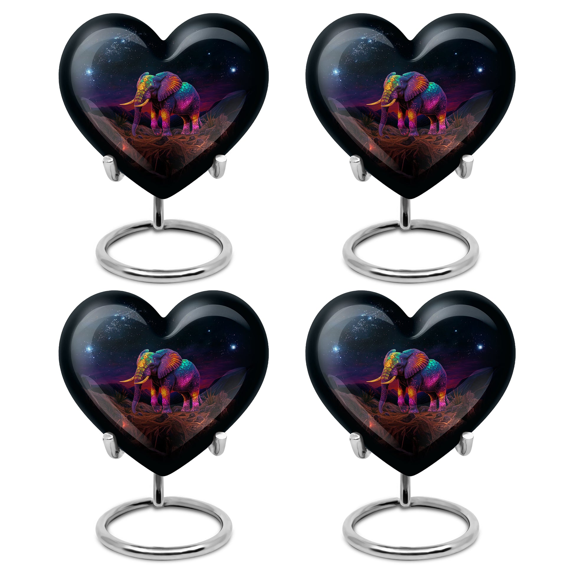 Midnight Black Elephant Cremation Urn angled view of lid and engraved motif - compassionate heart-elephant combination with gentle curves - 10 inch aluminum urn for cremated remains
