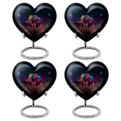 Midnight Black Elephant Cremation Urn angled view of lid and engraved motif - compassionate heart-elephant combination with gentle curves - 10 inch aluminum urn for cremated remains