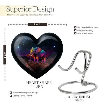 Midnight Black Elephant Cremation Urn front view showing detailed design - romantic heart urn with elephant motif on aluminum - mini keepsake memorial for portion of cremation ashes