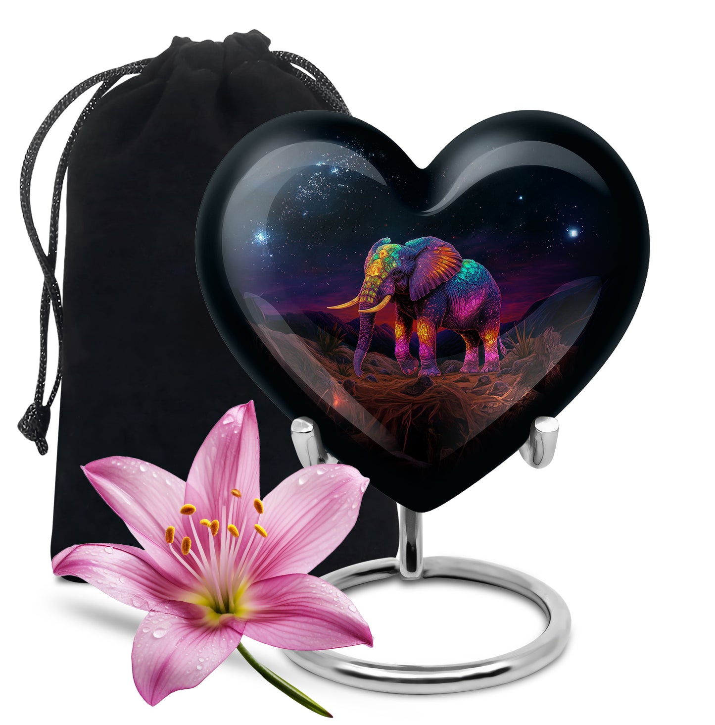 Jet Black Elephant Cremation Urn detail view - loving heart memorial featuring elephant pattern - full-size 10 inch 200 cubic inch adult cremation urn