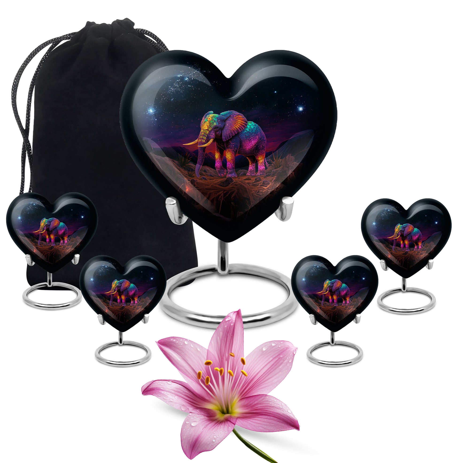 Ebony Elephant Cremation Urn close-up of engraving and surface detail - heart-shaped elephant design symbolizing eternal love - memorial set with one large and four small urns