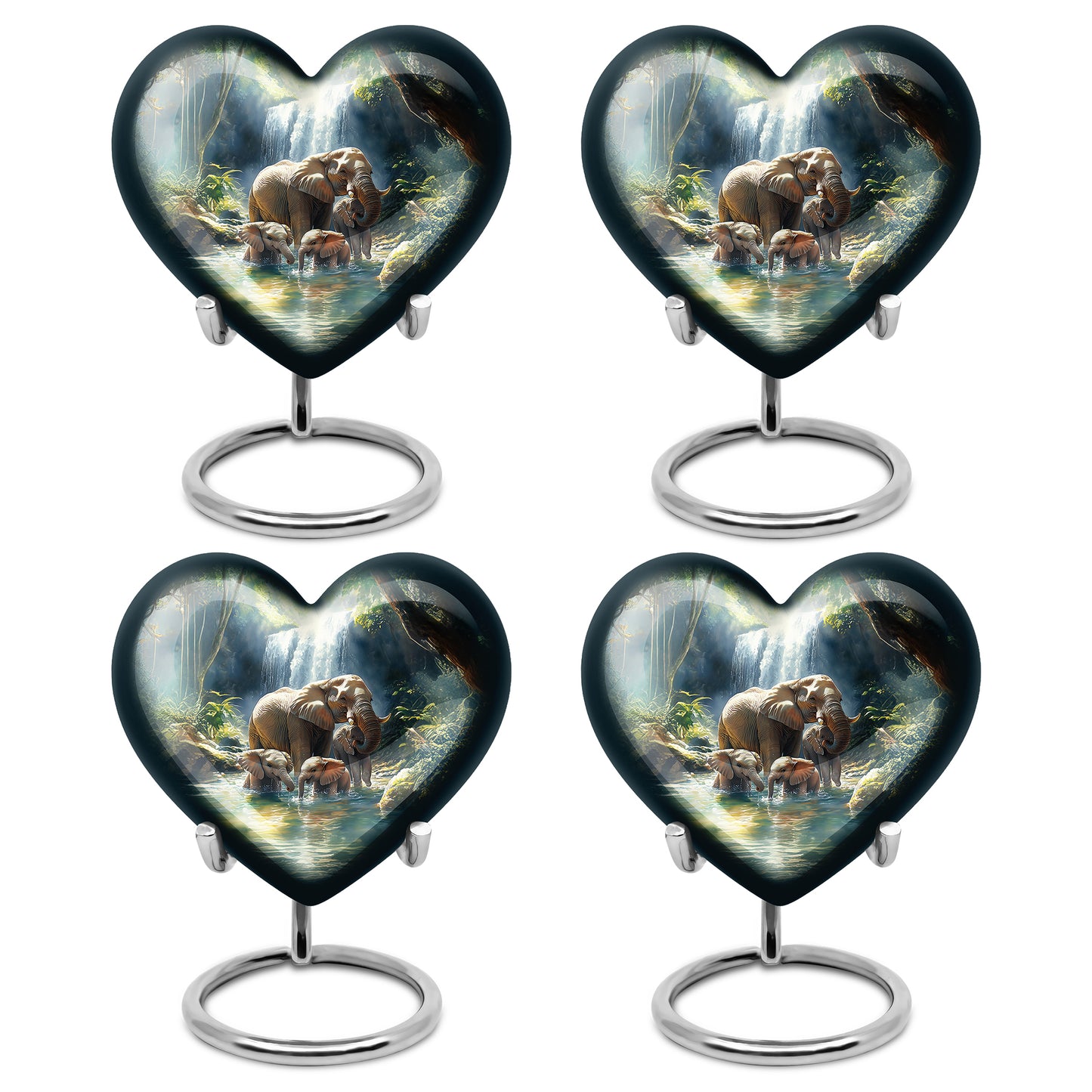 Royal Blue Elephant Cremation Urn angled view of lid and engraved motif - romantic heart urn with elephant motif on aluminum - 10 inch aluminum urn for cremated remains