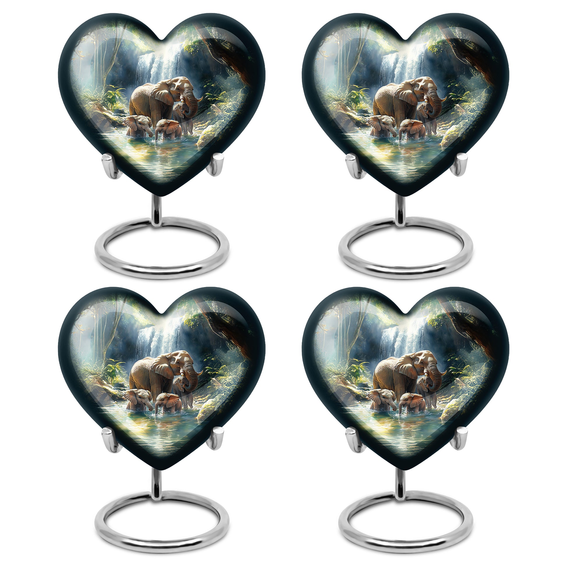 Royal Blue Elephant Cremation Urn angled view of lid and engraved motif - romantic heart urn with elephant motif on aluminum - 10 inch aluminum urn for cremated remains
