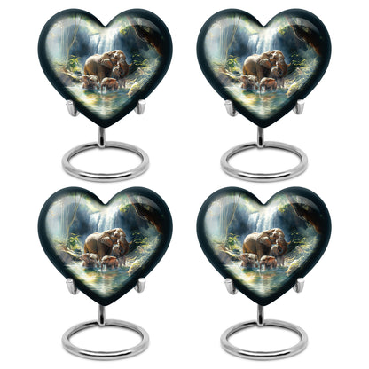 Royal Blue Elephant Cremation Urn angled view of lid and engraved motif - romantic heart urn with elephant motif on aluminum - 10 inch aluminum urn for cremated remains