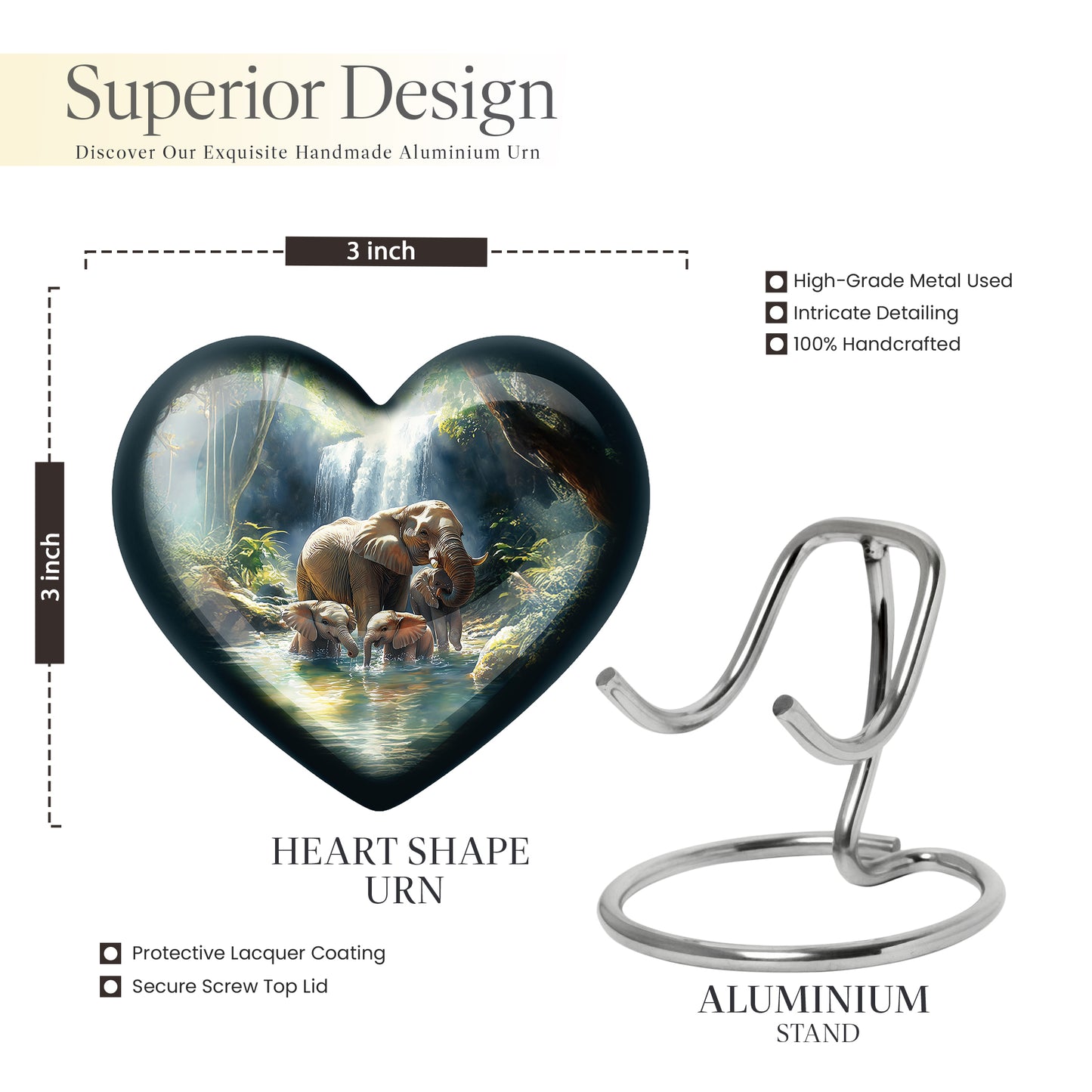 Dusty Blue Elephant Cremation Urn front view showing detailed design - loving heart memorial featuring elephant pattern - mini keepsake memorial for portion of cremation ashes