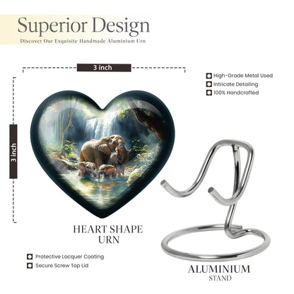 Dusty Blue Elephant Cremation Urn front view showing detailed design - loving heart memorial featuring elephant pattern - mini keepsake memorial for portion of cremation ashes