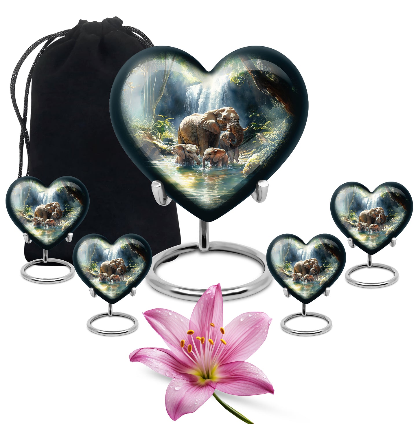 Steel Blue Elephant Cremation Urn close-up of engraving and surface detail - compassionate heart-elephant combination with gentle curves - memorial set with one large and four small urns