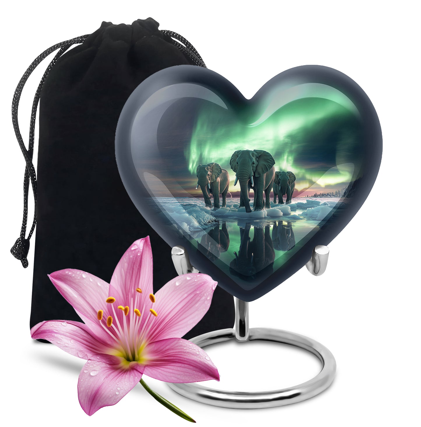 Bright Blue Elephant Cremation Urn detail view - romantic heart urn with elephant motif on aluminum - full-size 10 inch 200 cubic inch adult cremation urn