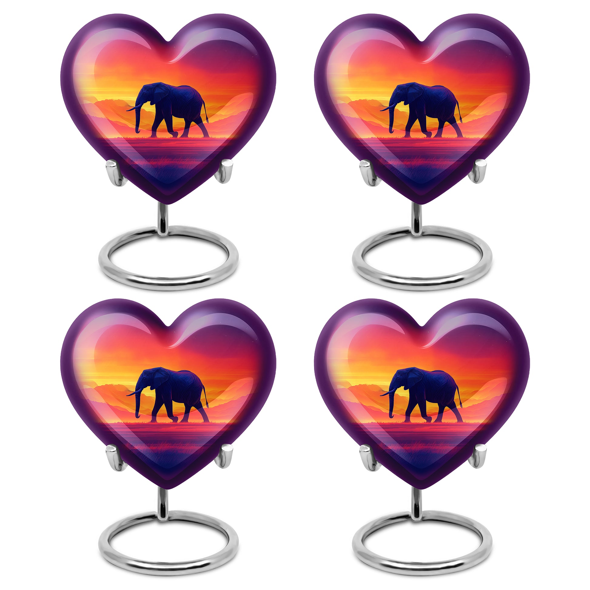 Wine Red Elephant Cremation Urn angled view of lid and engraved motif - heart-shaped elephant design symbolizing eternal love - 10 inch aluminum urn for cremated remains