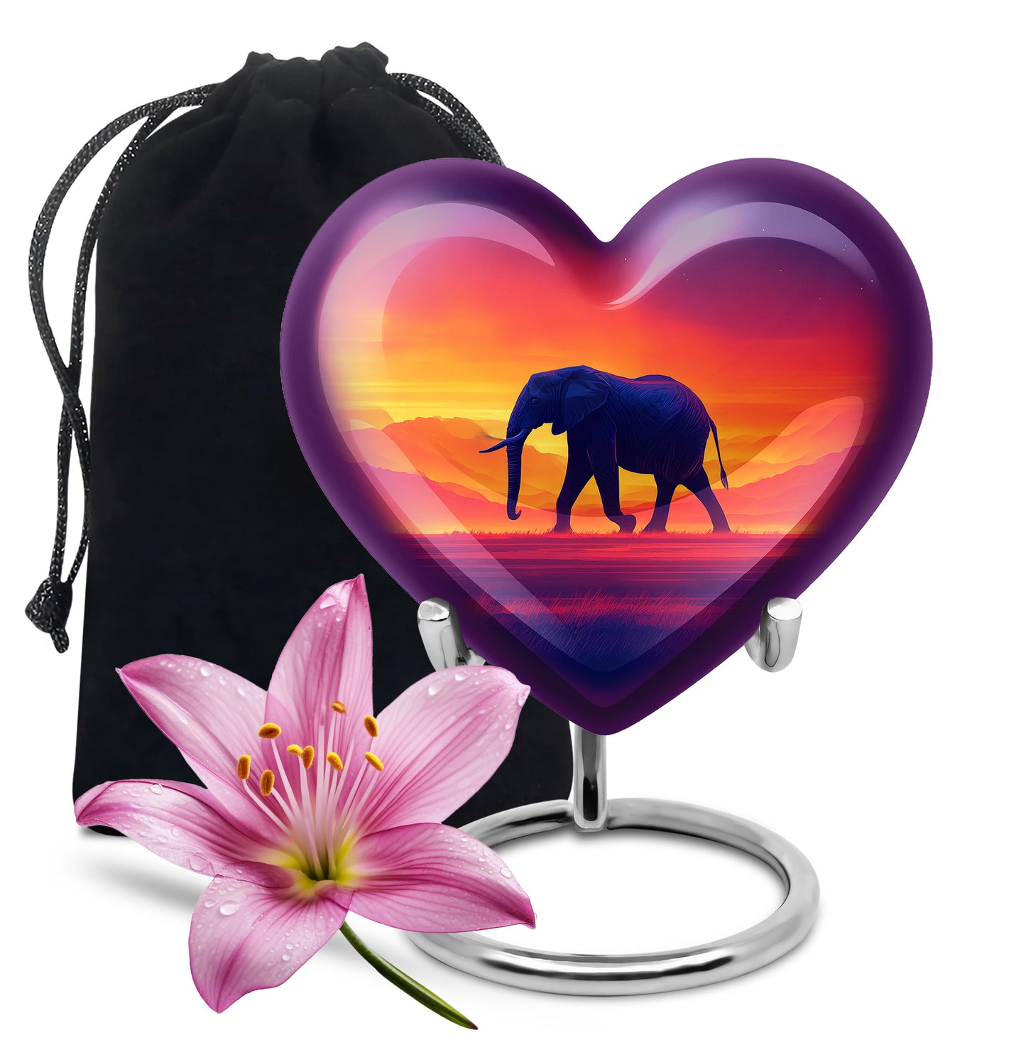 Ruby Red Elephant Cremation Urn detail view - romantic heart urn with elephant motif on aluminum - full-size 10 inch 200 cubic inch adult cremation urn