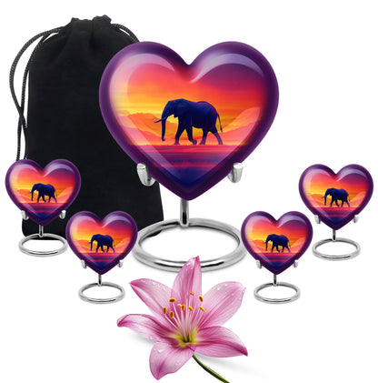 Cherry Red Elephant Cremation Urn close-up of engraving and surface detail - compassionate heart-elephant combination with gentle curves - memorial set with one large and four small urns