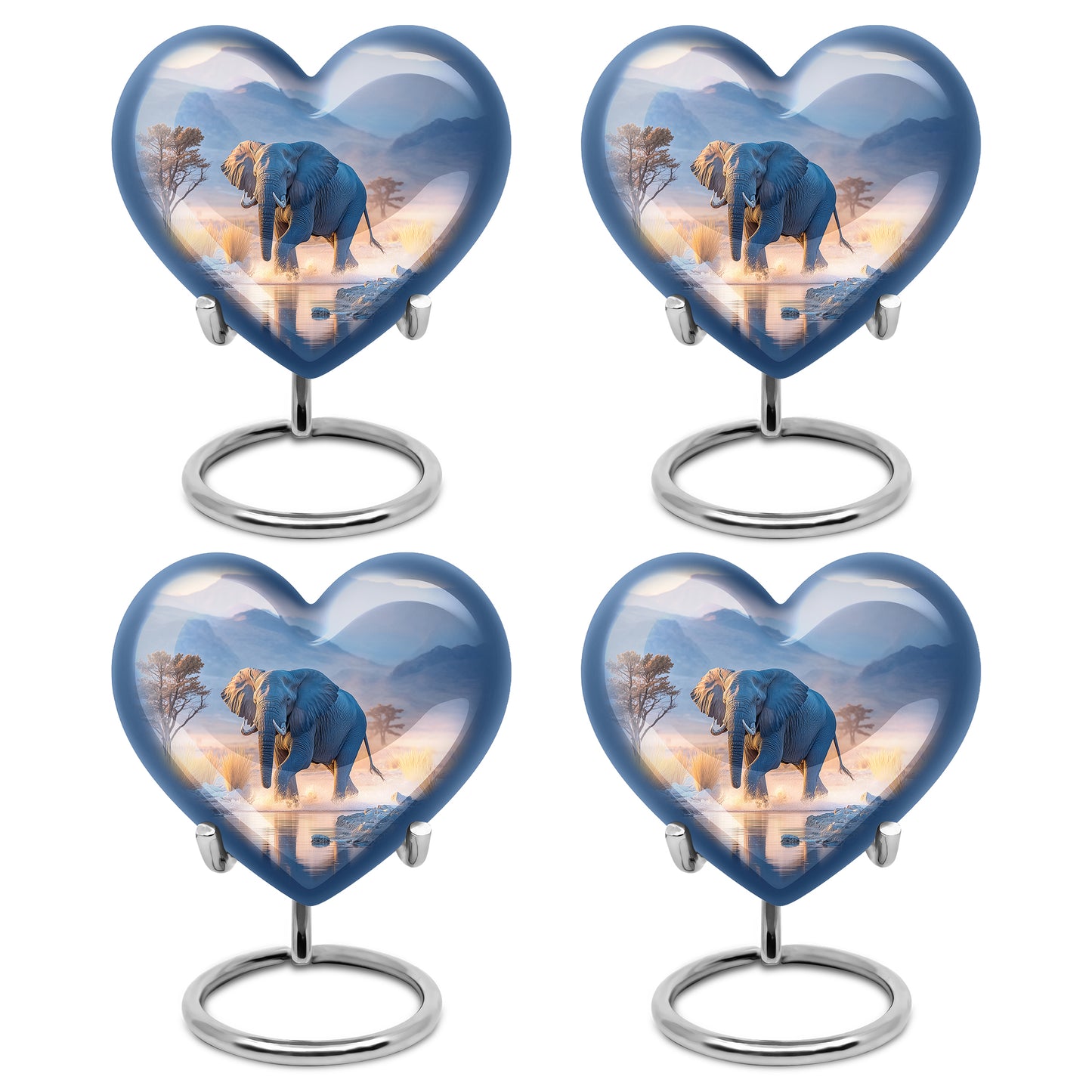 Royal Blue Elephant Cremation Urn angled view of lid and engraved motif - romantic heart urn with elephant motif on aluminum - 10 inch aluminum urn for cremated remains