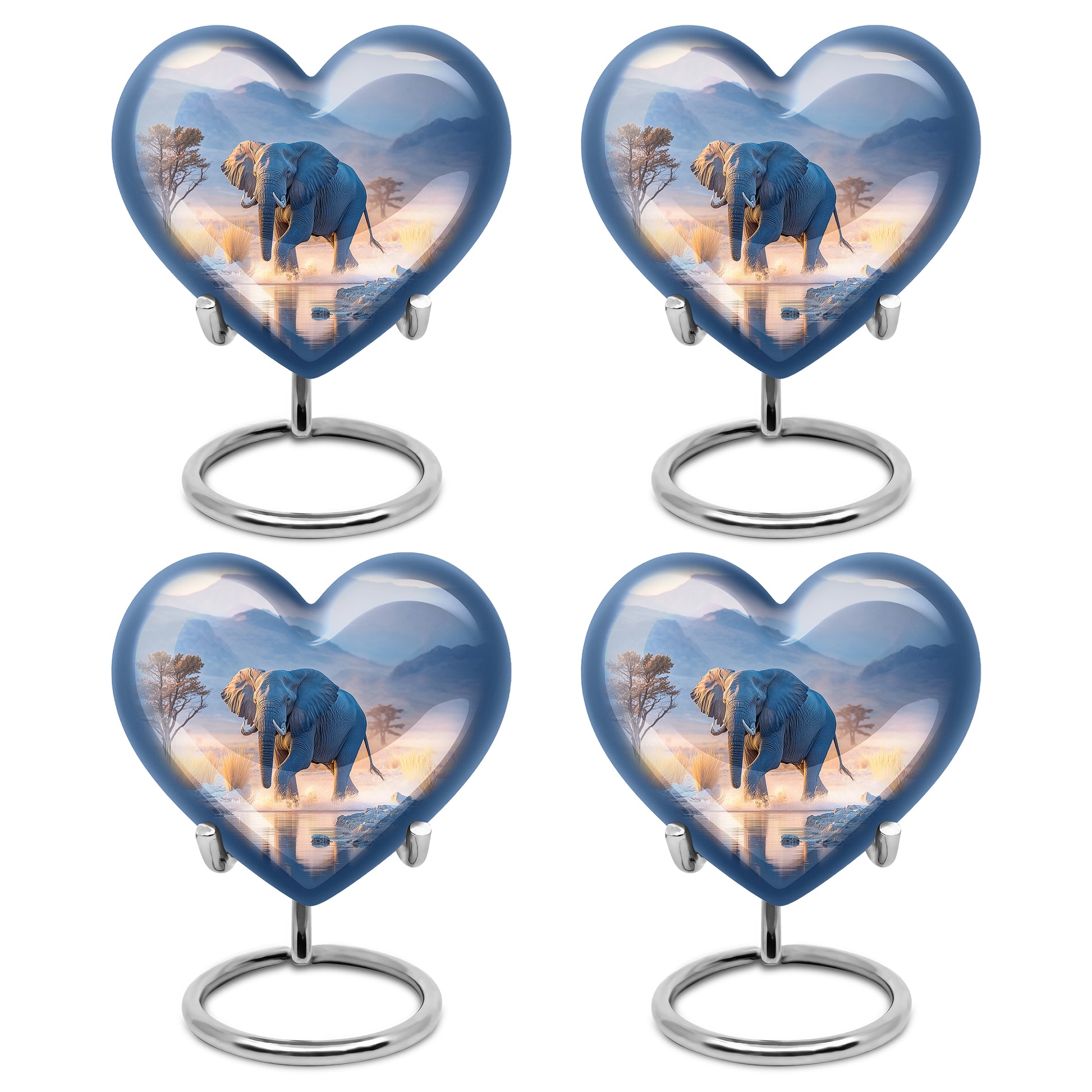 Royal Blue Elephant Cremation Urn angled view of lid and engraved motif - romantic heart urn with elephant motif on aluminum - 10 inch aluminum urn for cremated remains