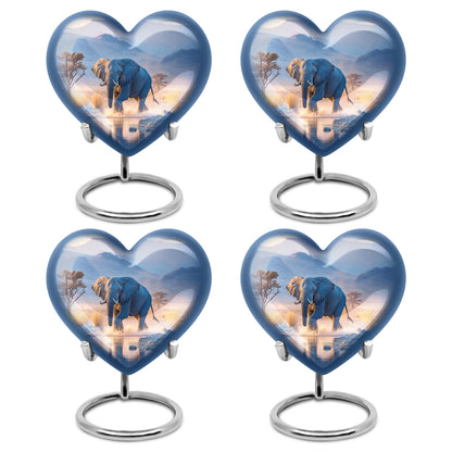 Royal Blue Elephant Cremation Urn angled view of lid and engraved motif - romantic heart urn with elephant motif on aluminum - 10 inch aluminum urn for cremated remains