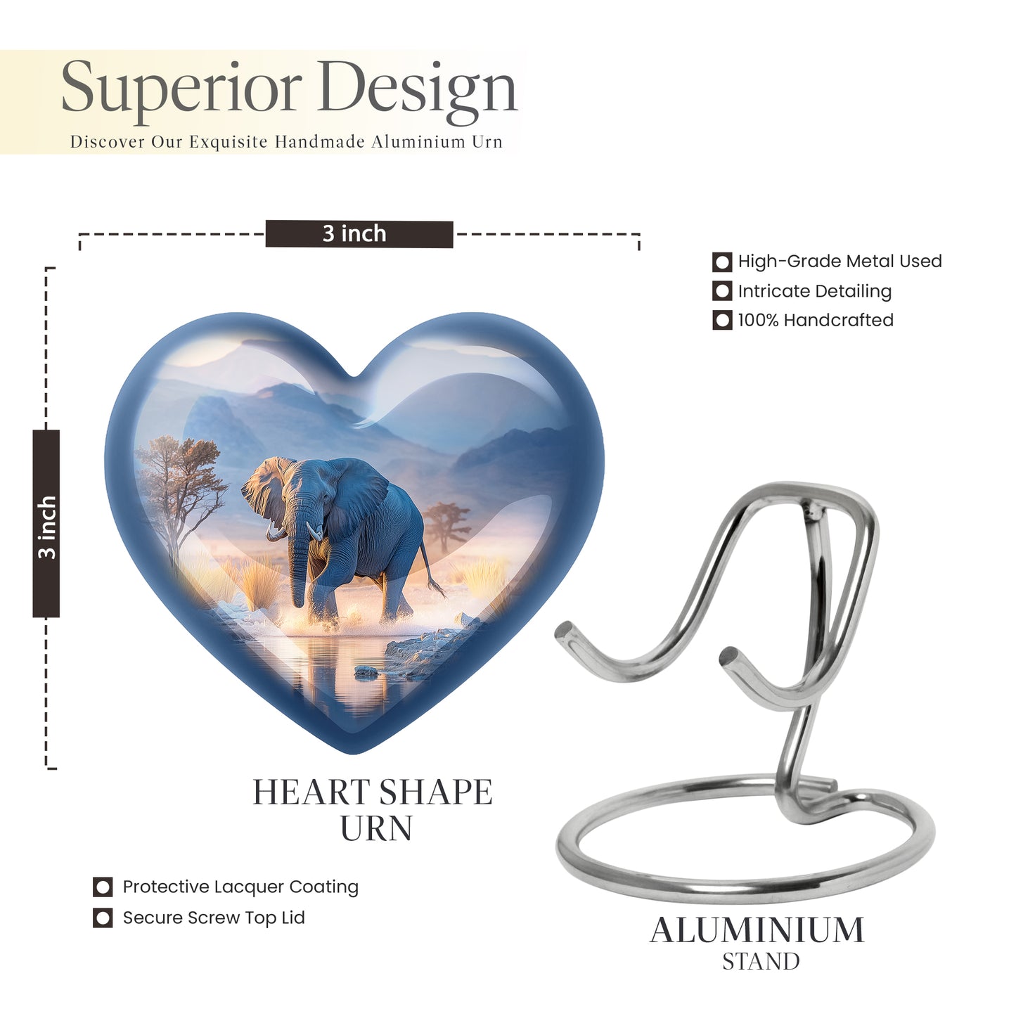 Serene Blue Elephant Cremation Urn front view showing detailed design - romantic heart urn with elephant motif on aluminum - mini keepsake memorial for portion of cremation ashes