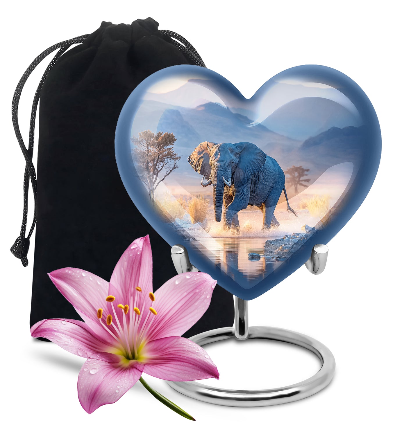 Steel Blue Elephant Cremation Urn detail view - romantic heart urn with elephant motif on aluminum - full-size 10 inch 200 cubic inch adult cremation urn