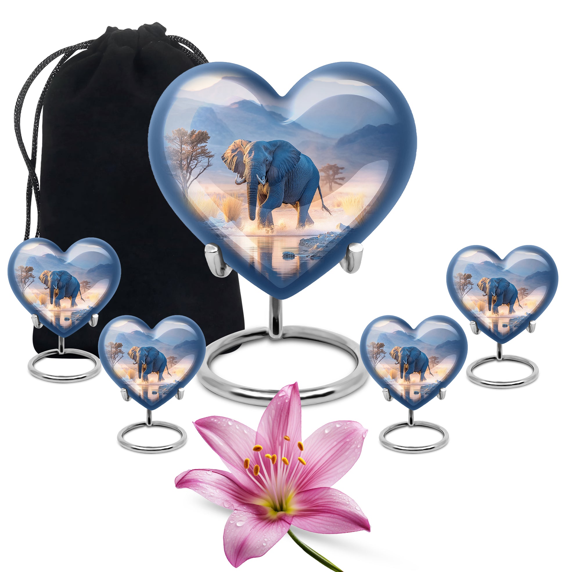 Bright Blue Elephant Cremation Urn close-up of engraving and surface detail - compassionate heart-elephant combination with gentle curves - memorial set with one large and four small urns