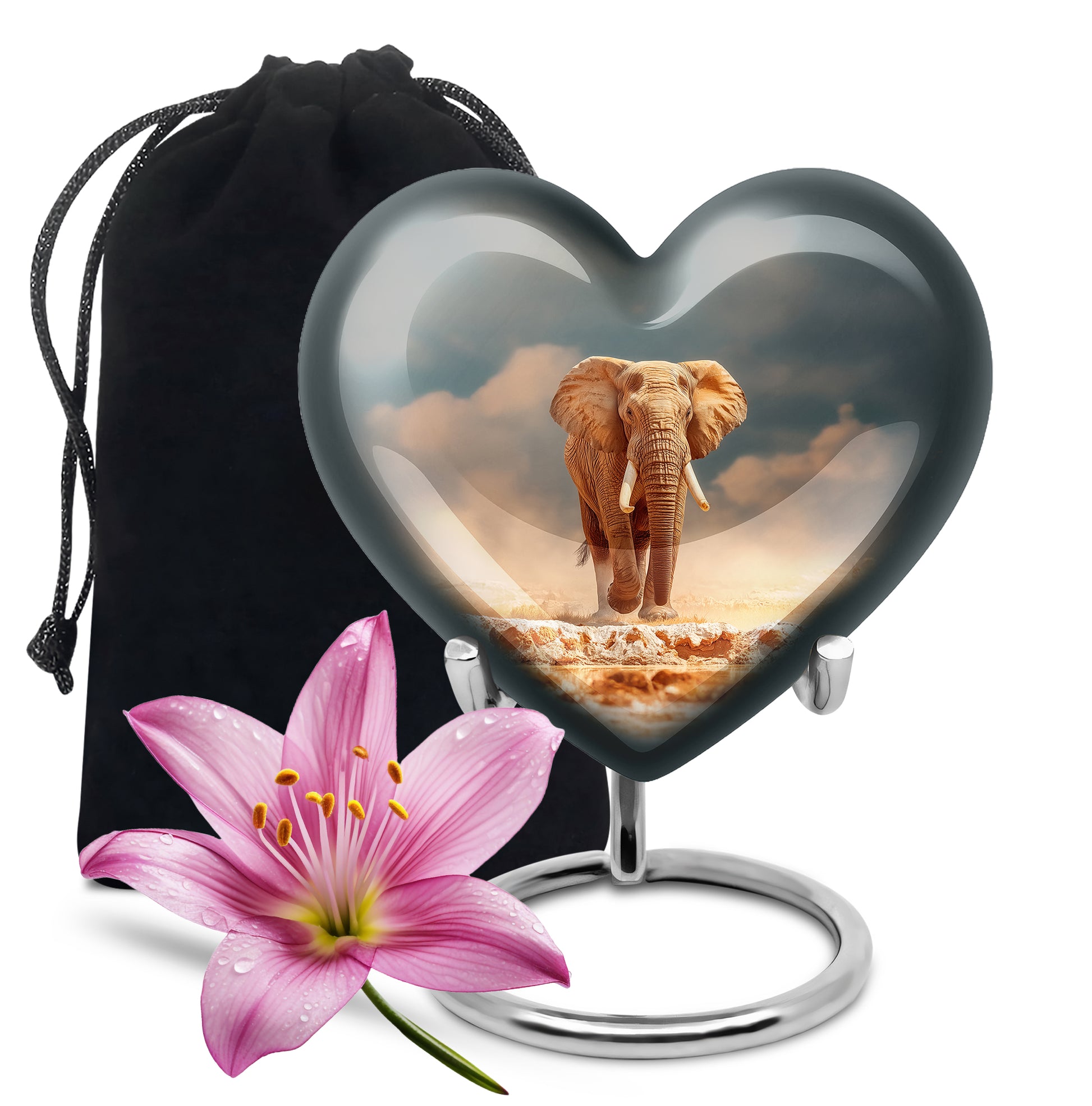 Cool Teal Elephant Cremation Urn detail view - heart-shaped elephant design symbolizing eternal love - full-size 10 inch 200 cubic inch adult cremation urn