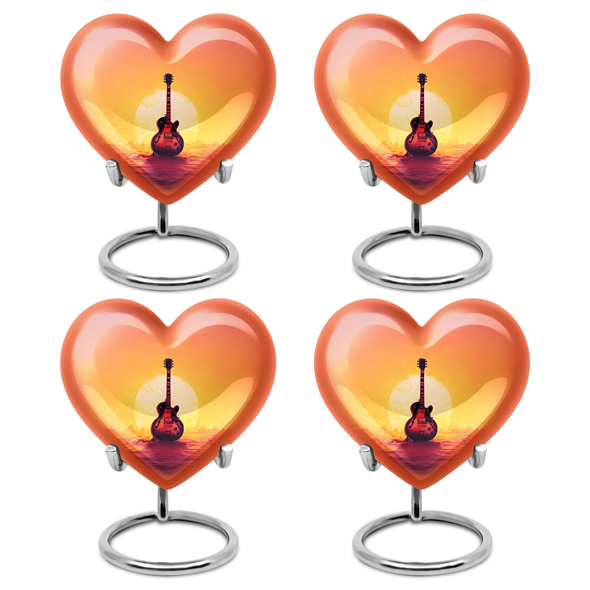 Deep Red Guitar Cremation Urn angled view of lid and engraved motif - loving heart memorial featuring guitar pattern - 10 inch aluminum urn for cremated remains