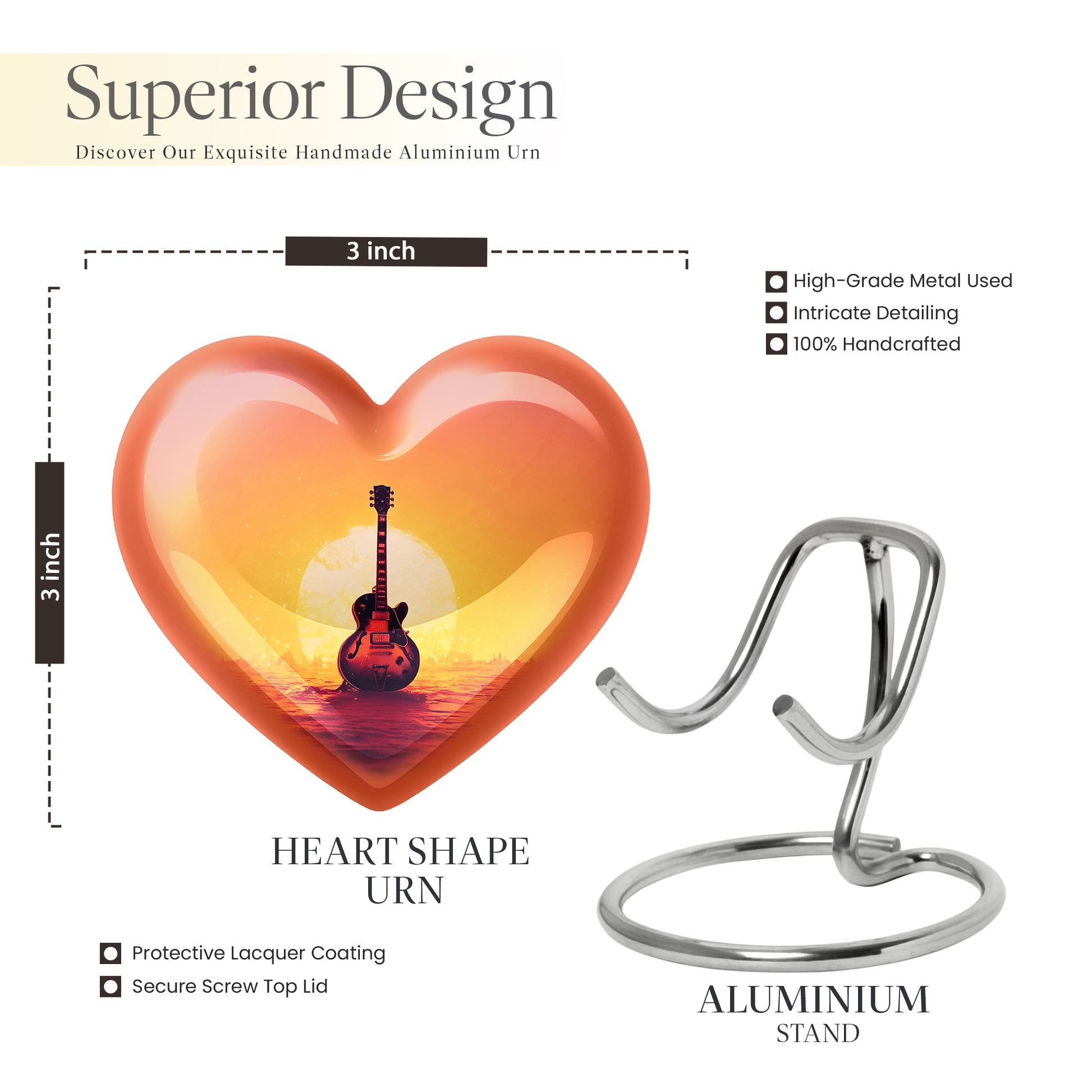 Crimson Red Guitar Cremation Urn front view showing detailed design - heart-shaped guitar design symbolizing eternal love - mini keepsake memorial for portion of cremation ashes