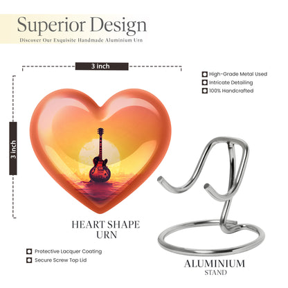 Crimson Red Guitar Cremation Urn front view showing detailed design - heart-shaped guitar design symbolizing eternal love - mini keepsake memorial for portion of cremation ashes