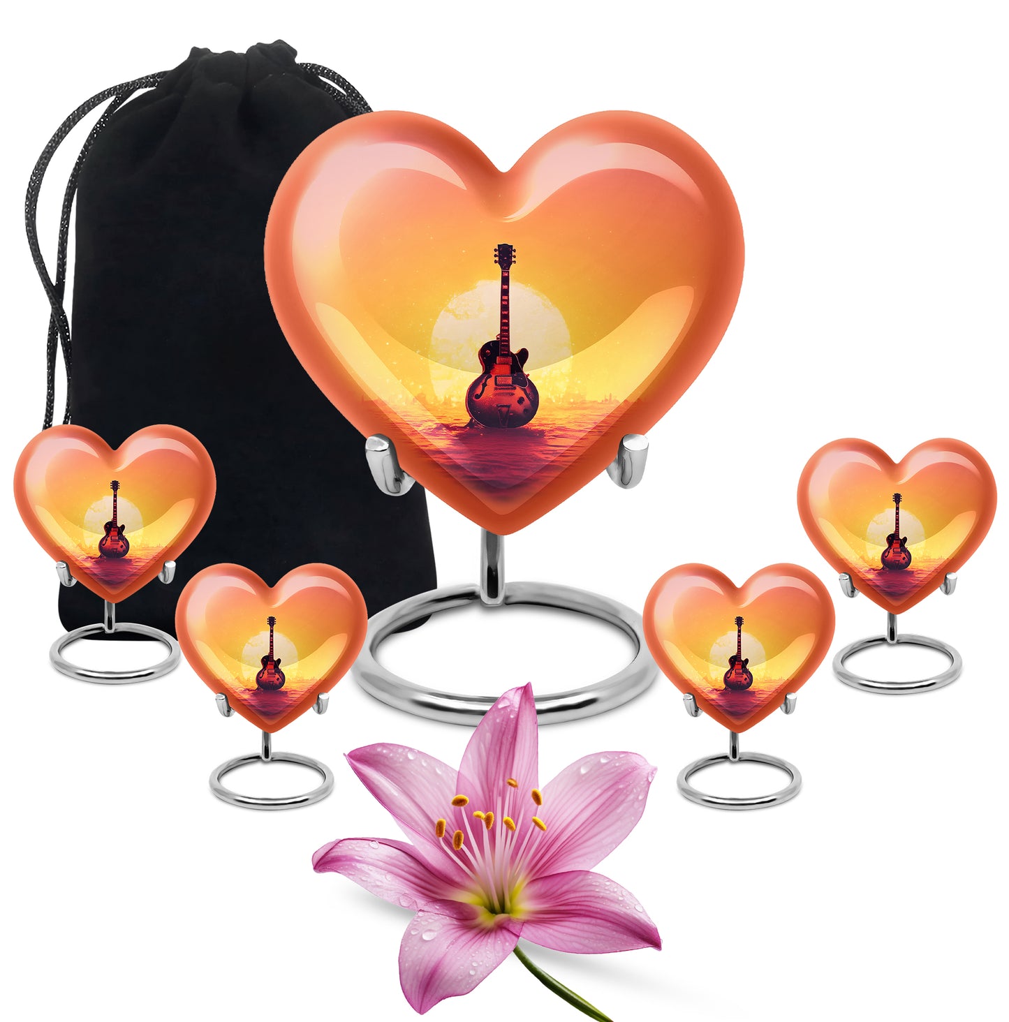 Wine Red Guitar Cremation Urn close-up of engraving and surface detail - heart-shaped guitar design symbolizing eternal love - memorial set with one large and four small urns