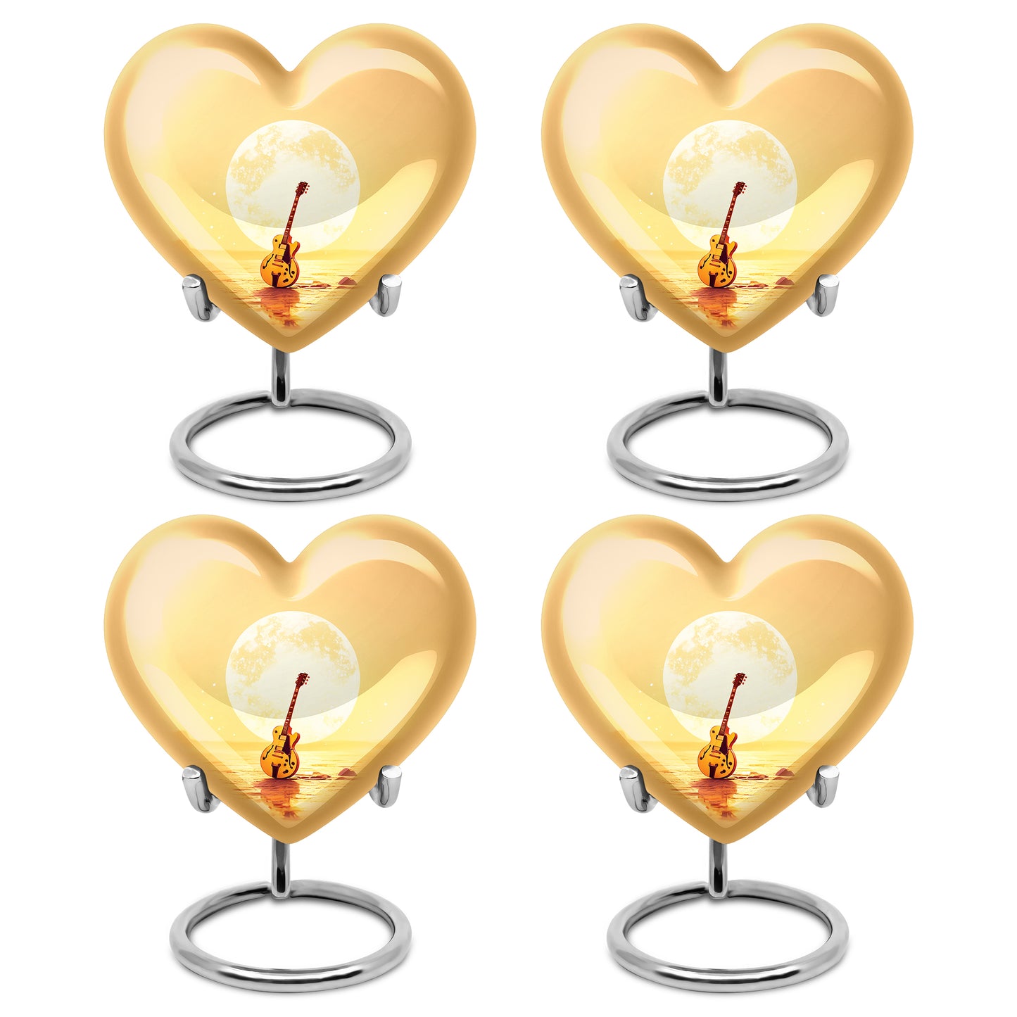 Gilded Gold Guitar Cremation Urn angled view of lid and engraved motif - loving heart memorial featuring guitar pattern - 10 inch aluminum urn for cremated remains