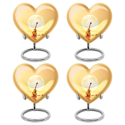 Gilded Gold Guitar Cremation Urn angled view of lid and engraved motif - loving heart memorial featuring guitar pattern - 10 inch aluminum urn for cremated remains