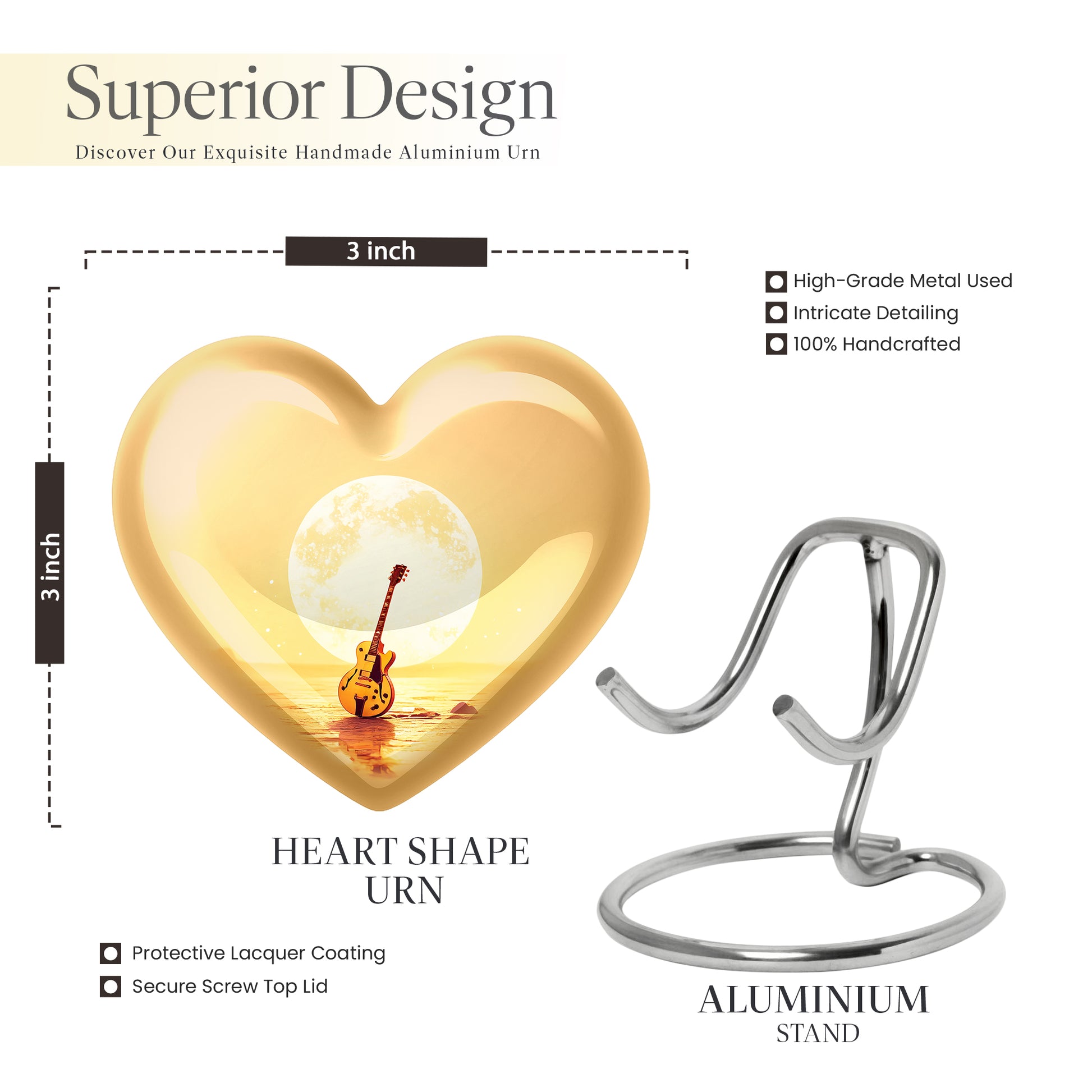 Gilded Gold Guitar Cremation Urn front view showing detailed design - heart-shaped guitar design symbolizing eternal love - mini keepsake memorial for portion of cremation ashes