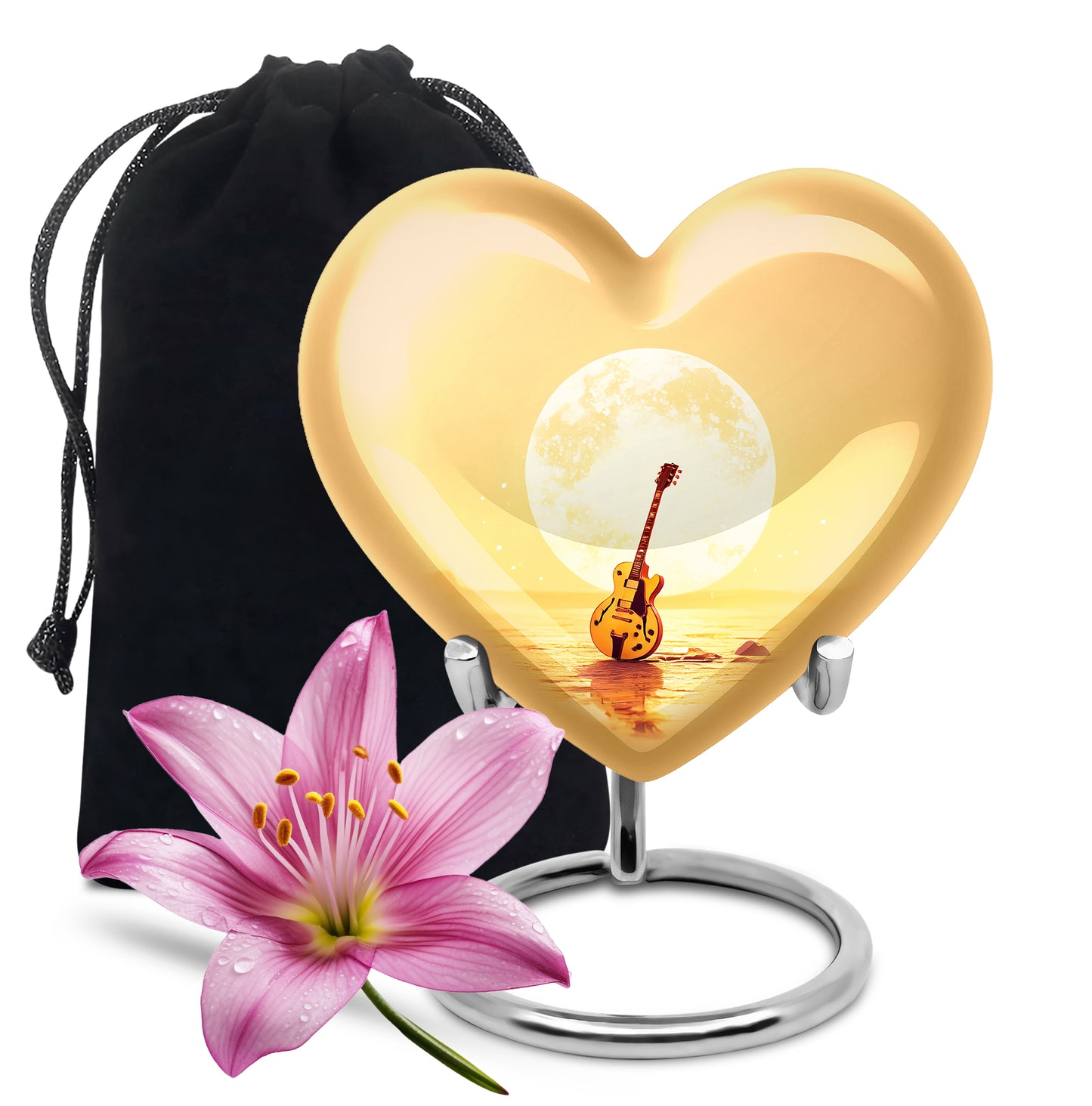 Antique Gold Guitar Cremation Urn detail view - heart-shaped guitar design symbolizing eternal love - full-size 10 inch 200 cubic inch adult cremation urn