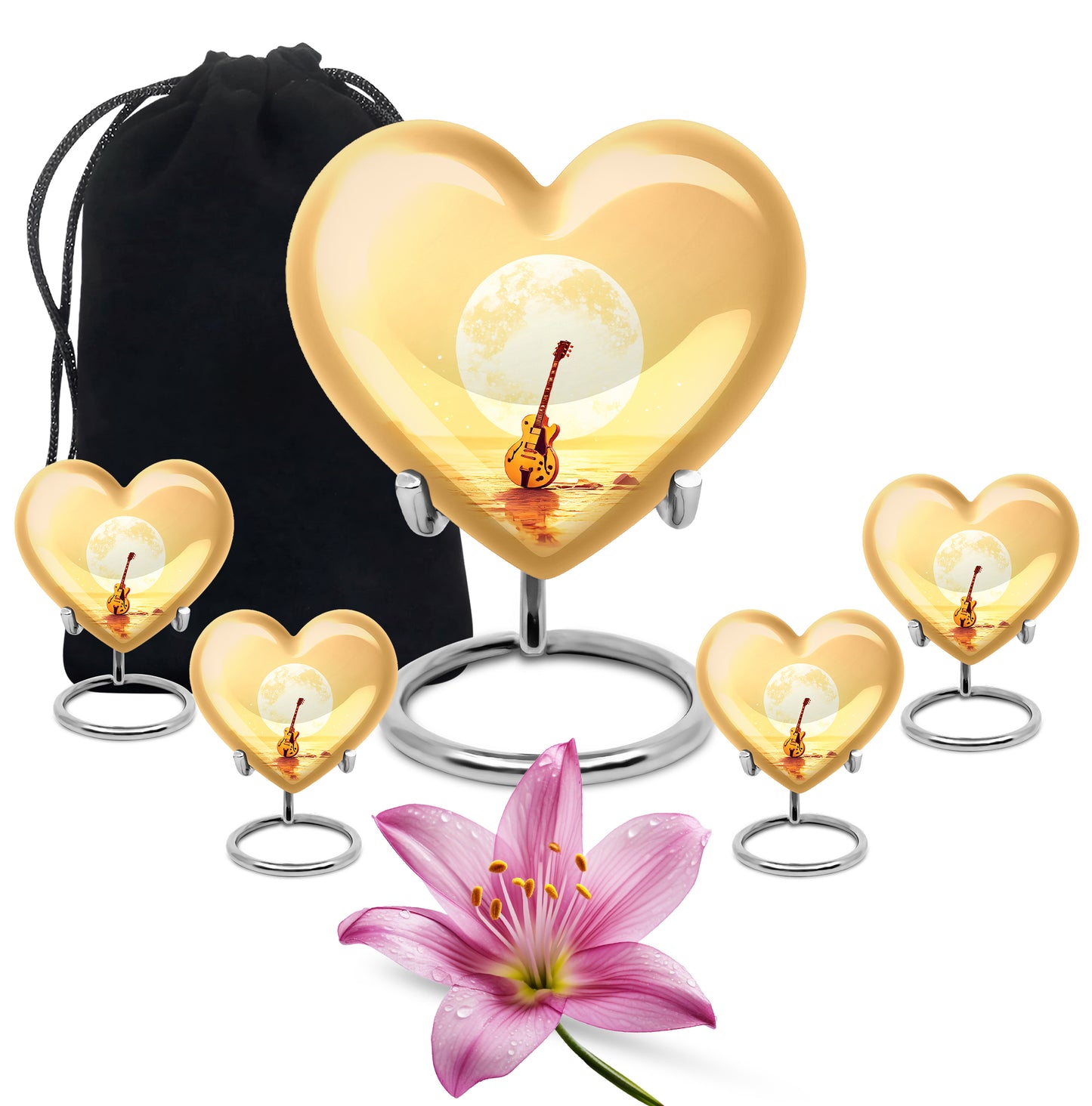 Sunrise Gold Guitar Cremation Urn close-up of engraving and surface detail - loving heart memorial featuring guitar pattern - memorial set with one large and four small urns