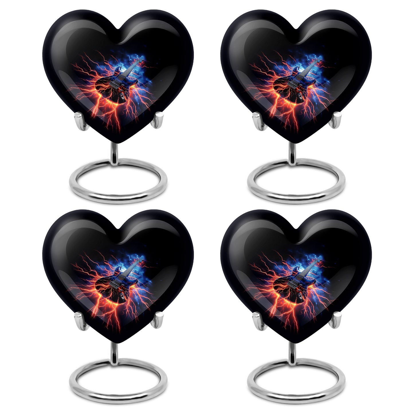 Charcoal Black Guitar Cremation Urn angled view of lid and engraved motif - romantic heart urn with guitar motif on aluminum - 10 inch aluminum urn for cremated remains