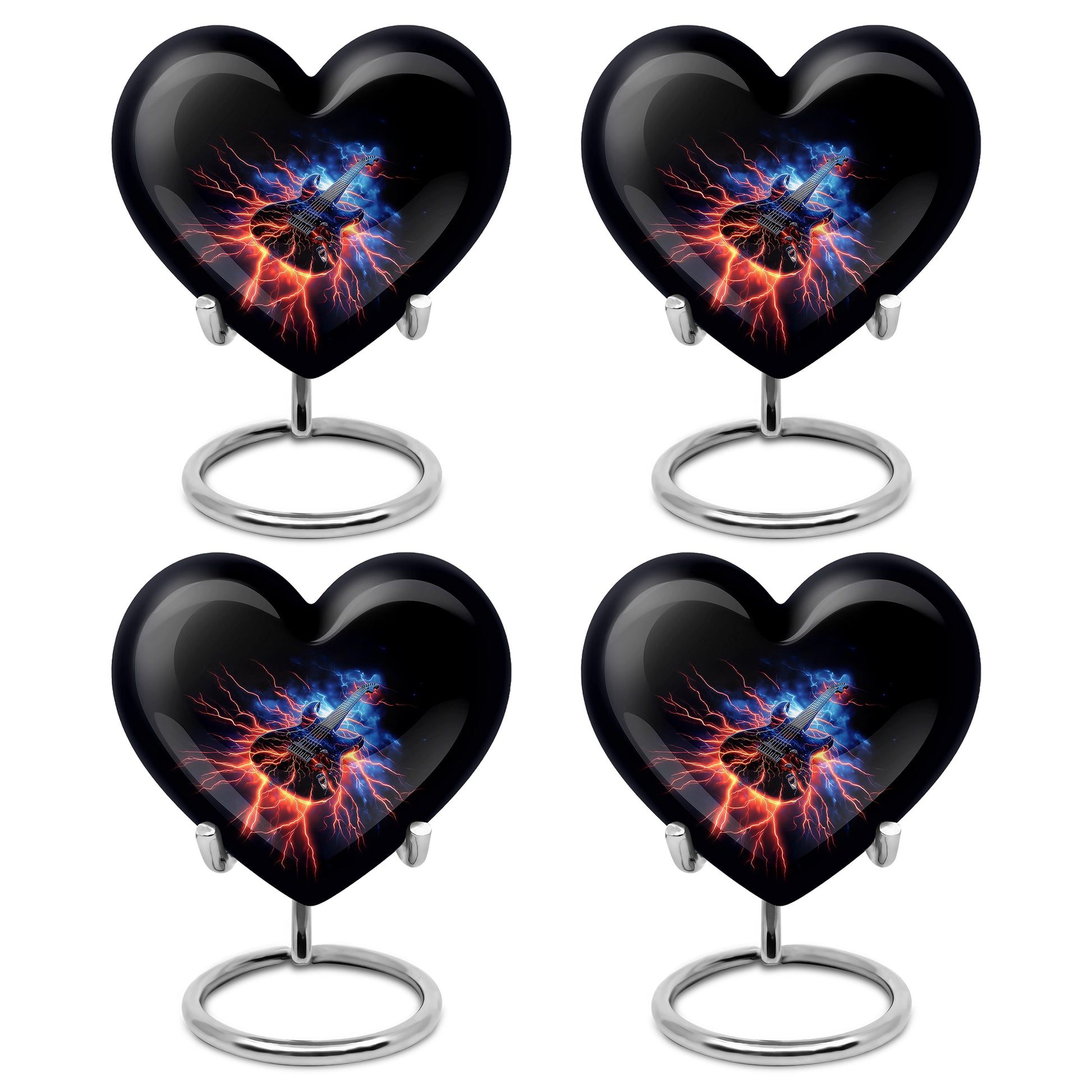 Charcoal Black Guitar Cremation Urn angled view of lid and engraved motif - romantic heart urn with guitar motif on aluminum - 10 inch aluminum urn for cremated remains