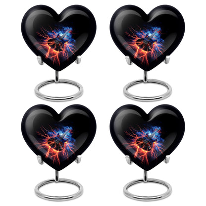 Charcoal Black Guitar Cremation Urn angled view of lid and engraved motif - romantic heart urn with guitar motif on aluminum - 10 inch aluminum urn for cremated remains