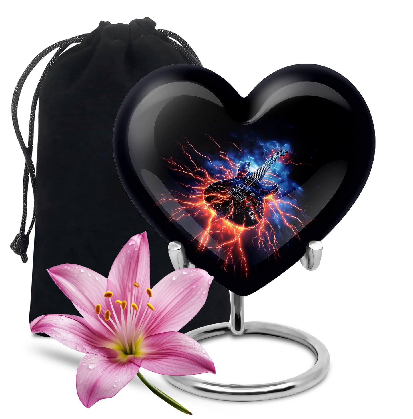 Jet Black Guitar Cremation Urn detail view - loving heart memorial featuring guitar pattern - full-size 10 inch 200 cubic inch adult cremation urn