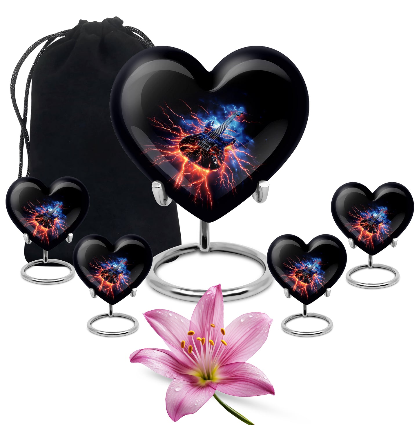 Onyx Black Guitar Cremation Urn close-up of engraving and surface detail - compassionate heart-guitar combination with gentle curves - memorial set with one large and four small urns
