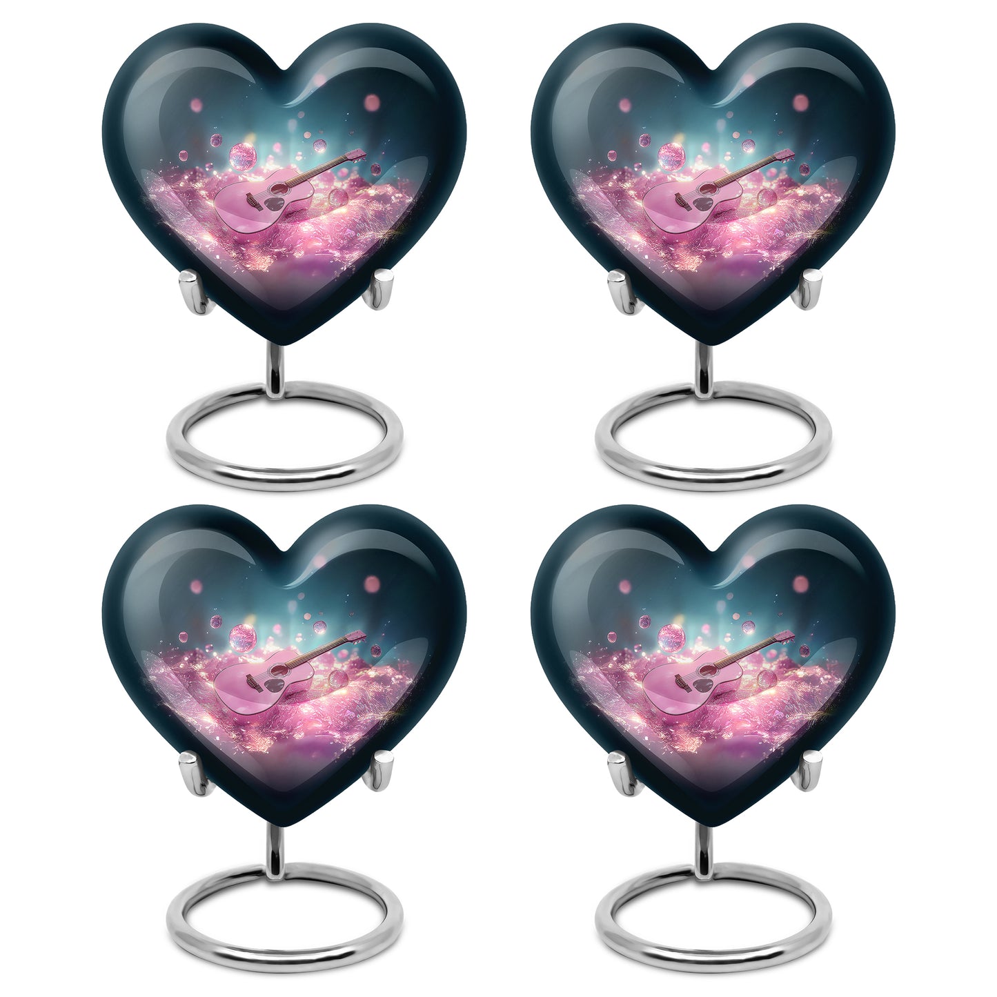 Dusty Blue Guitar Cremation Urn angled view of lid and engraved motif - loving heart memorial featuring guitar pattern - 10 inch aluminum urn for cremated remains