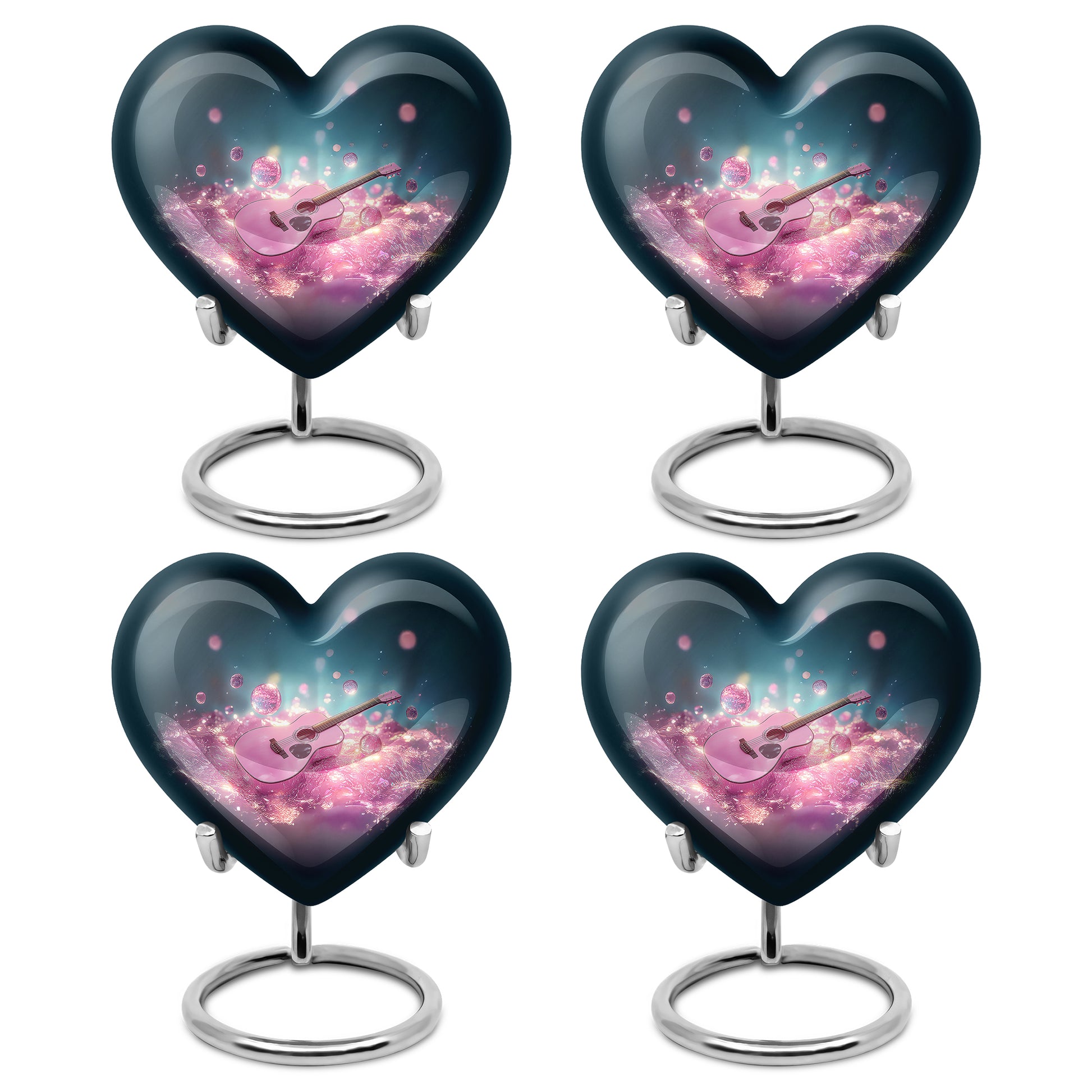 Dusty Blue Guitar Cremation Urn angled view of lid and engraved motif - loving heart memorial featuring guitar pattern - 10 inch aluminum urn for cremated remains