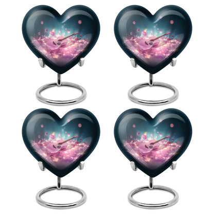 Dusty Blue Guitar Cremation Urn angled view of lid and engraved motif - loving heart memorial featuring guitar pattern - 10 inch aluminum urn for cremated remains