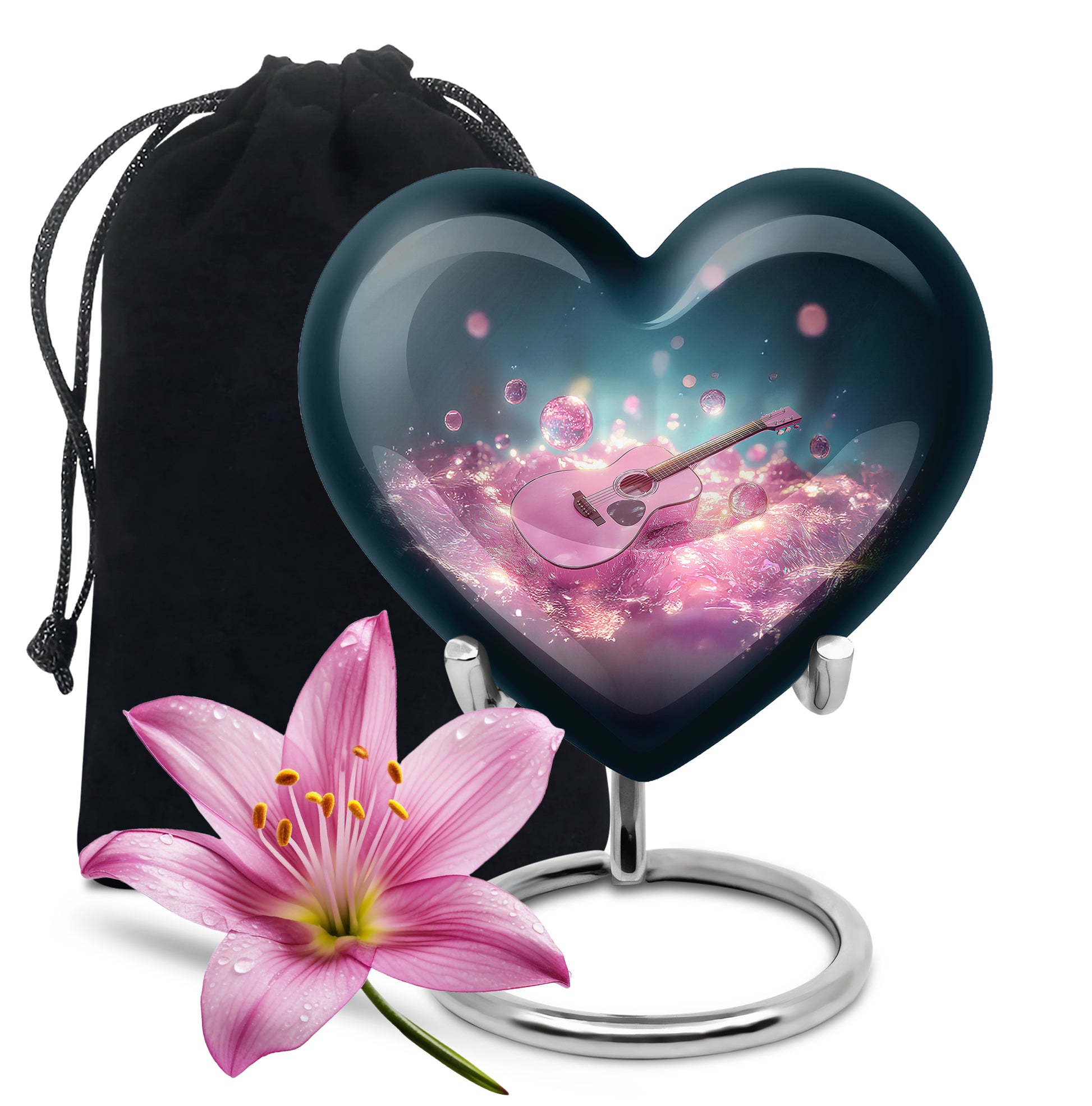 Twilight Blue Guitar Cremation Urn detail view - romantic heart urn with guitar motif on aluminum - full-size 10 inch 200 cubic inch adult cremation urn