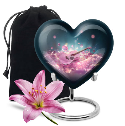 Twilight Blue Guitar Cremation Urn detail view - romantic heart urn with guitar motif on aluminum - full-size 10 inch 200 cubic inch adult cremation urn