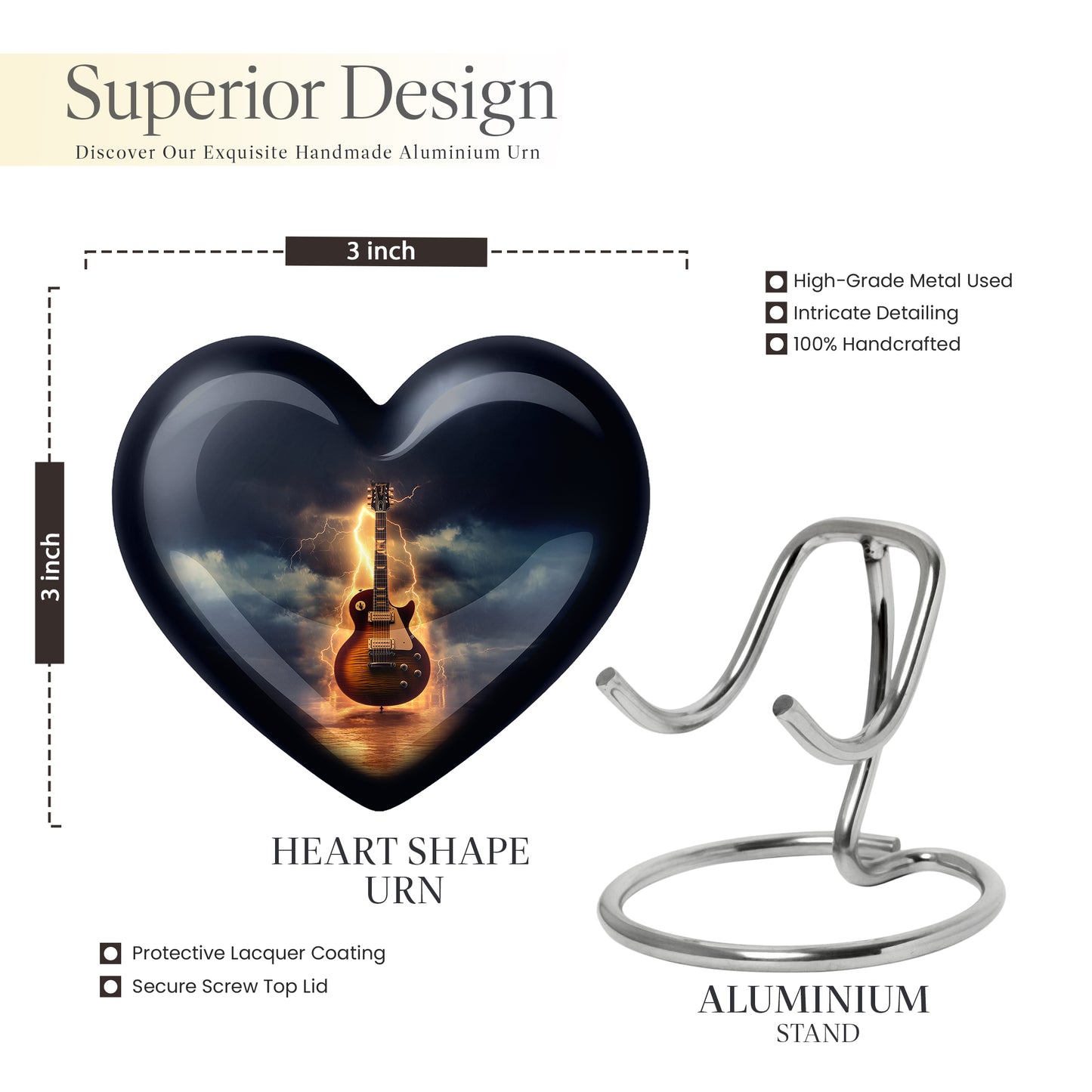 Serene Blue Guitar Cremation Urn front view showing detailed design - compassionate heart-guitar combination with gentle curves - mini keepsake memorial for portion of cremation ashes