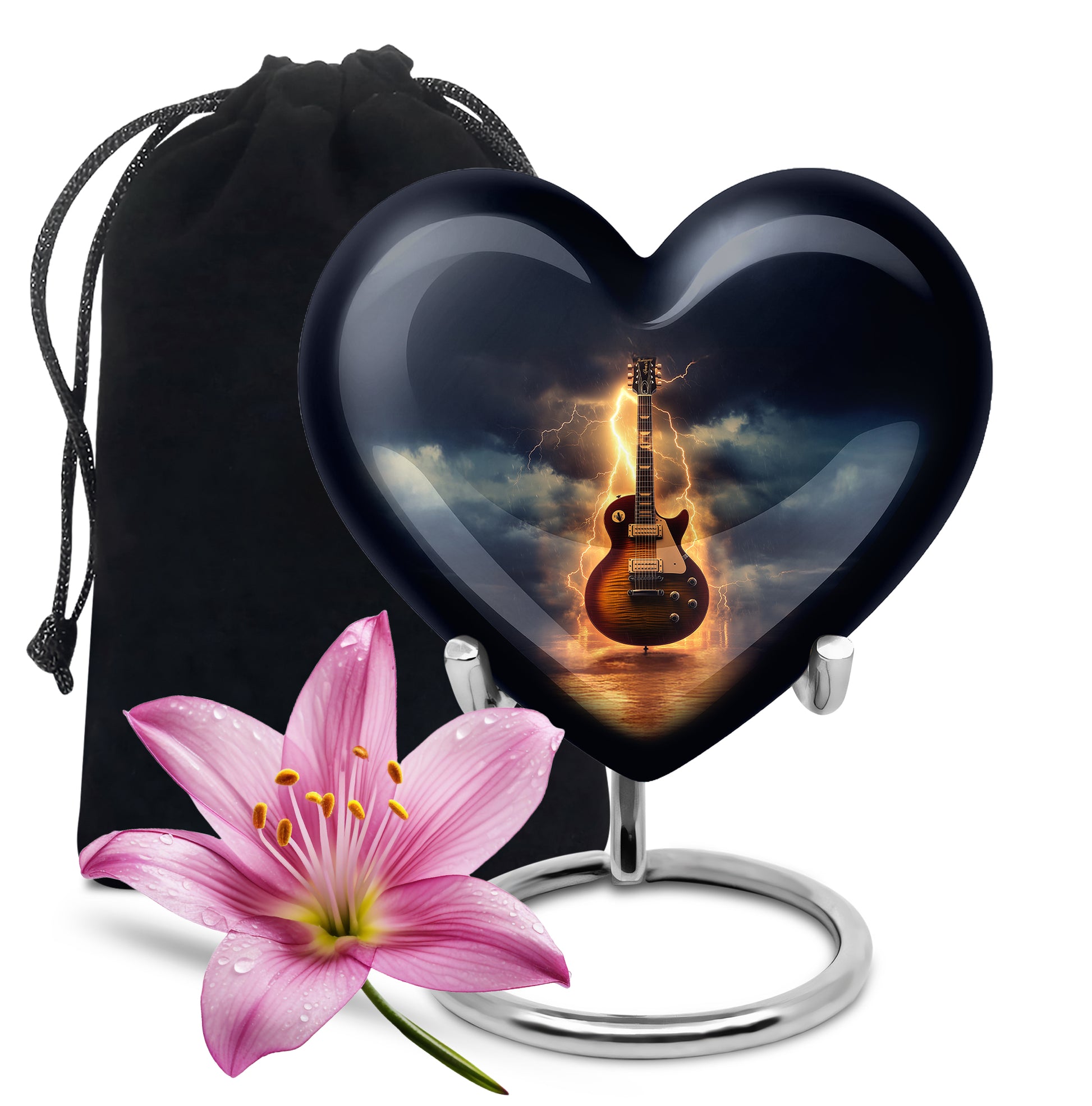 Twilight Blue Guitar Cremation Urn detail view - compassionate heart-guitar combination with gentle curves - full-size 10 inch 200 cubic inch adult cremation urn
