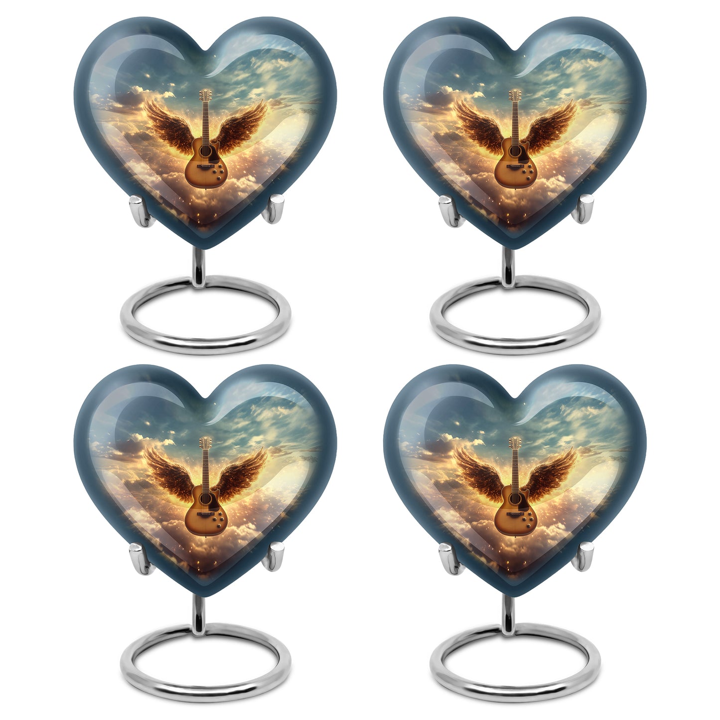 Twilight Blue Guitar Cremation Urn angled view of lid and engraved motif - romantic heart urn with guitar motif on aluminum - 10 inch aluminum urn for cremated remains