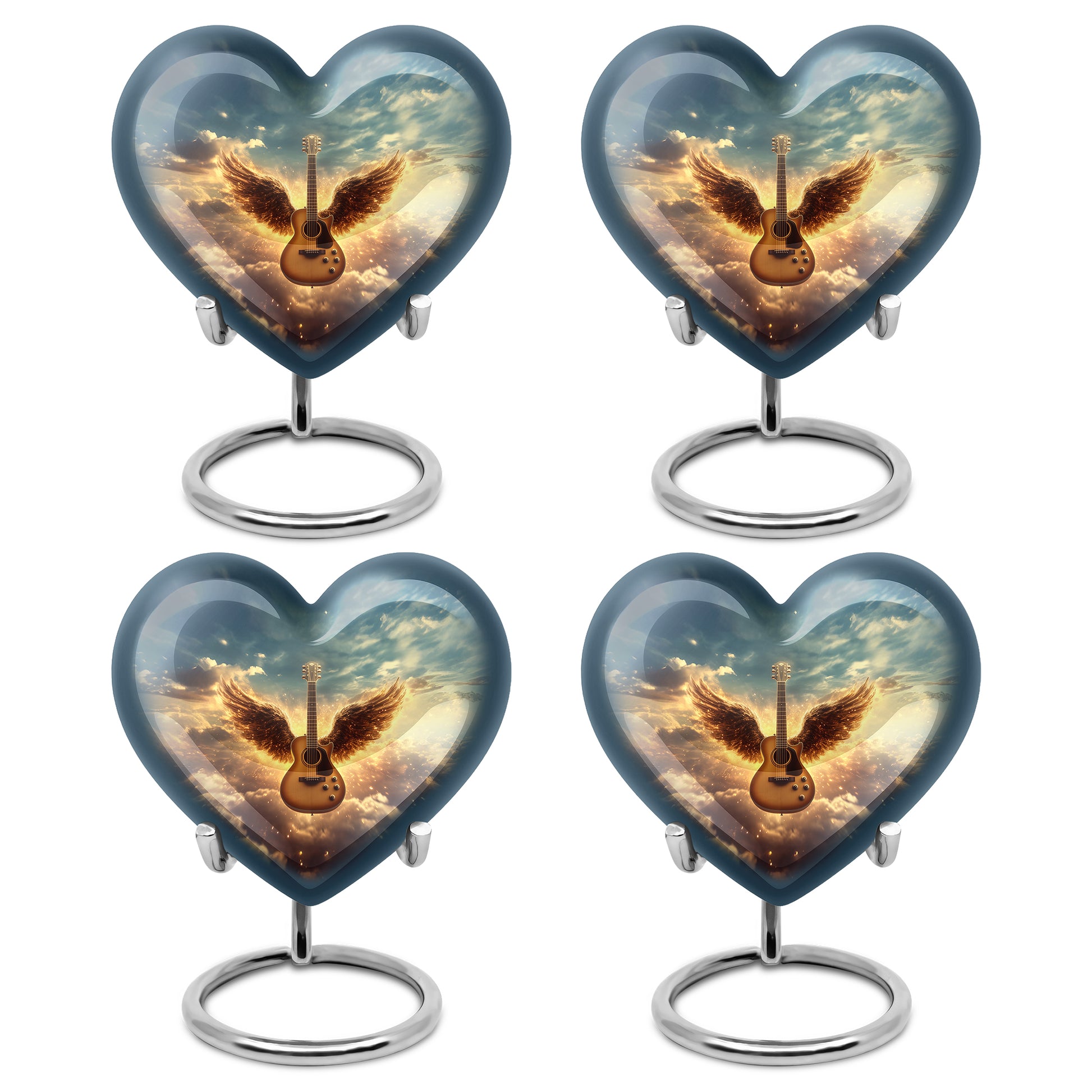 Twilight Blue Guitar Cremation Urn angled view of lid and engraved motif - romantic heart urn with guitar motif on aluminum - 10 inch aluminum urn for cremated remains