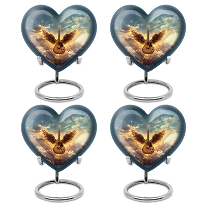 Twilight Blue Guitar Cremation Urn angled view of lid and engraved motif - romantic heart urn with guitar motif on aluminum - 10 inch aluminum urn for cremated remains