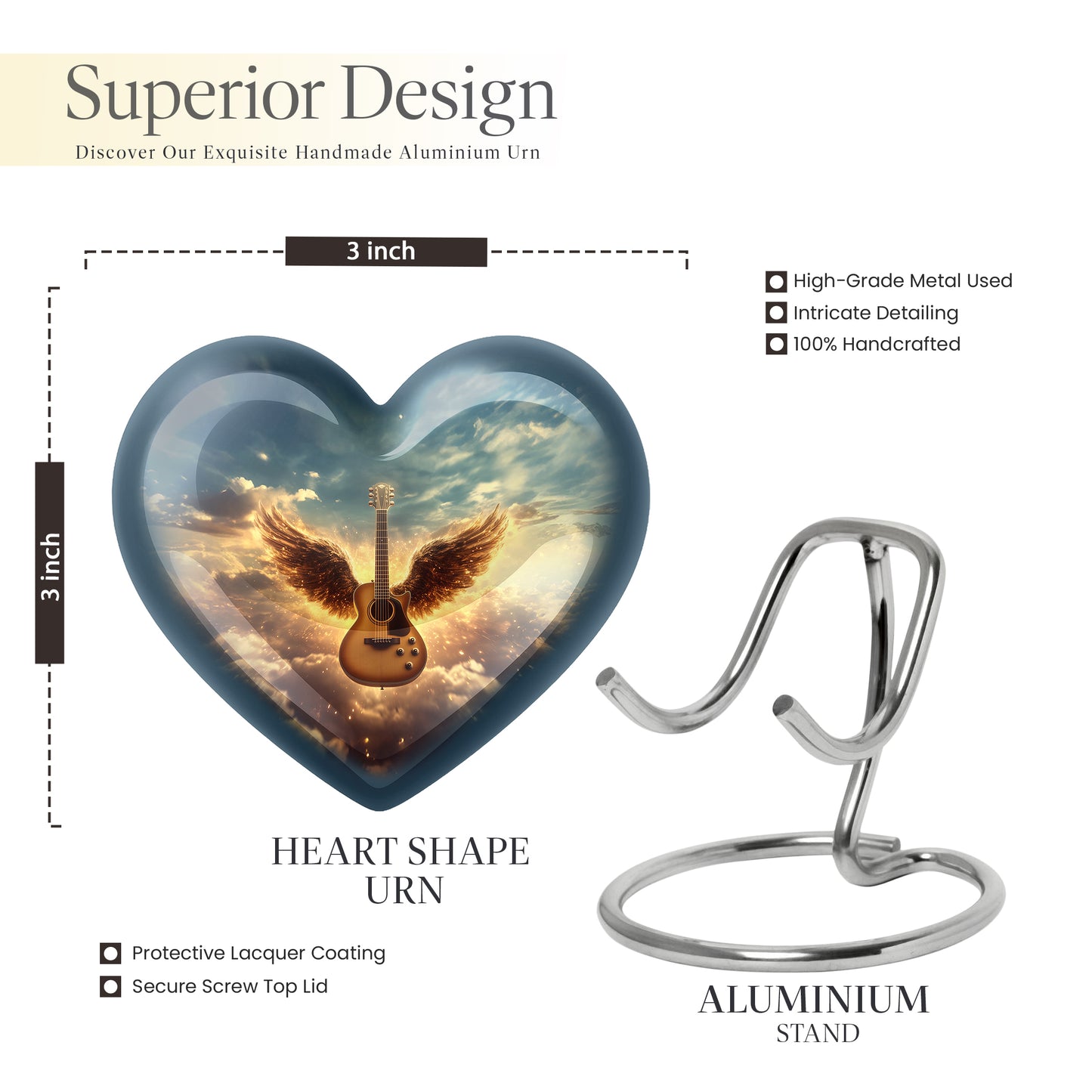 Icy Blue Guitar Cremation Urn front view showing detailed design - heart-shaped guitar design symbolizing eternal love - mini keepsake memorial for portion of cremation ashes
