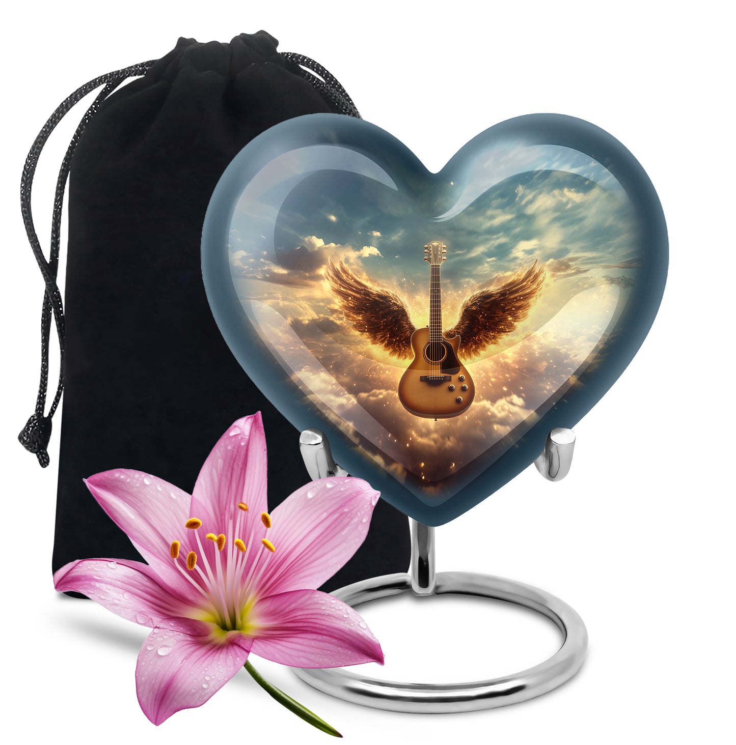 Pastel Blue Guitar Cremation Urn detail view - heart-shaped guitar design symbolizing eternal love - full-size 10 inch 200 cubic inch adult cremation urn
